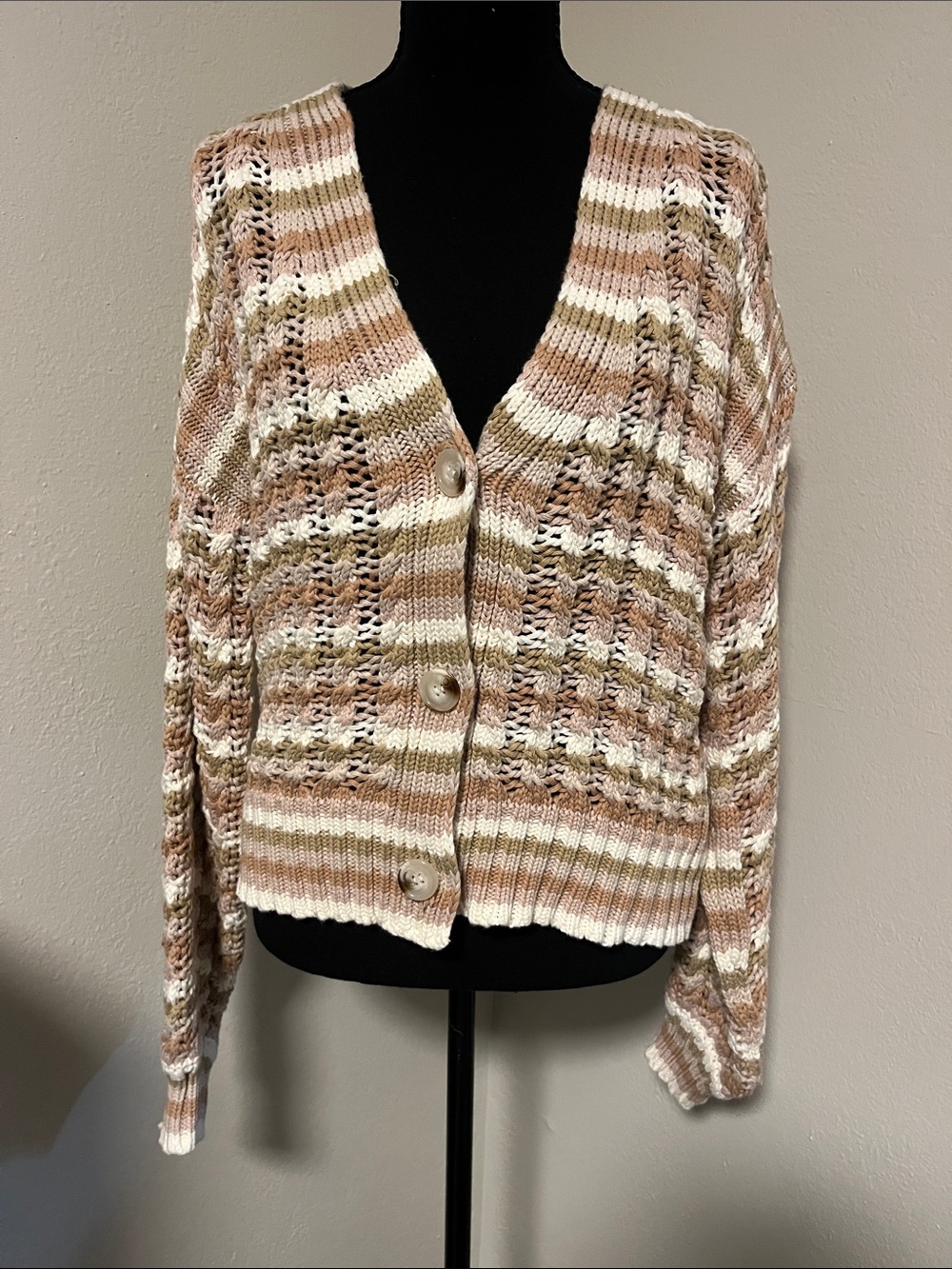 John + Jenn Striped Open-Stitch Button-Front Cardigan in Cream & Tan & Pink-Med